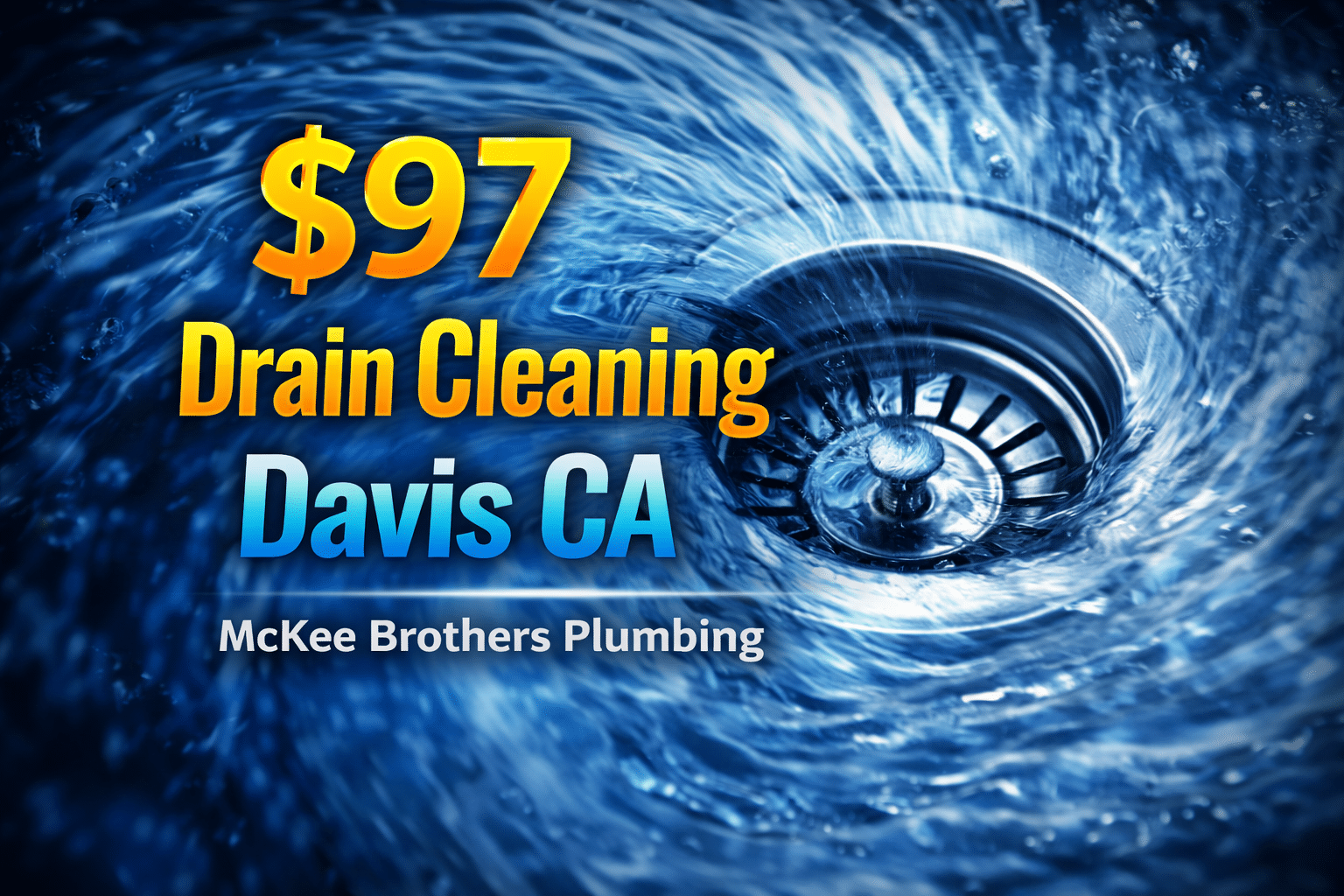 $97 drain cleaning special in Davis CA with water swirling into a sink drain by McKee Brothers Plumbing