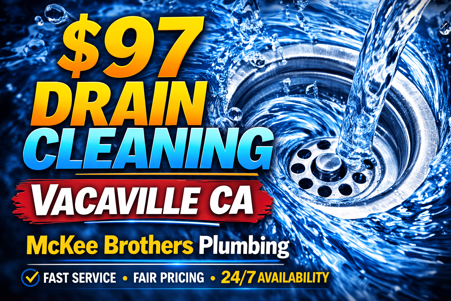 $97 drain cleaning special in Vacaville CA from McKee Brothers Plumbing clearing clogged sinks tubs showers and sewer lines