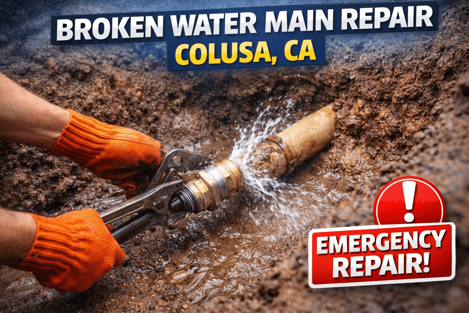 Broken water main repair in Colusa CA with underground water line repair