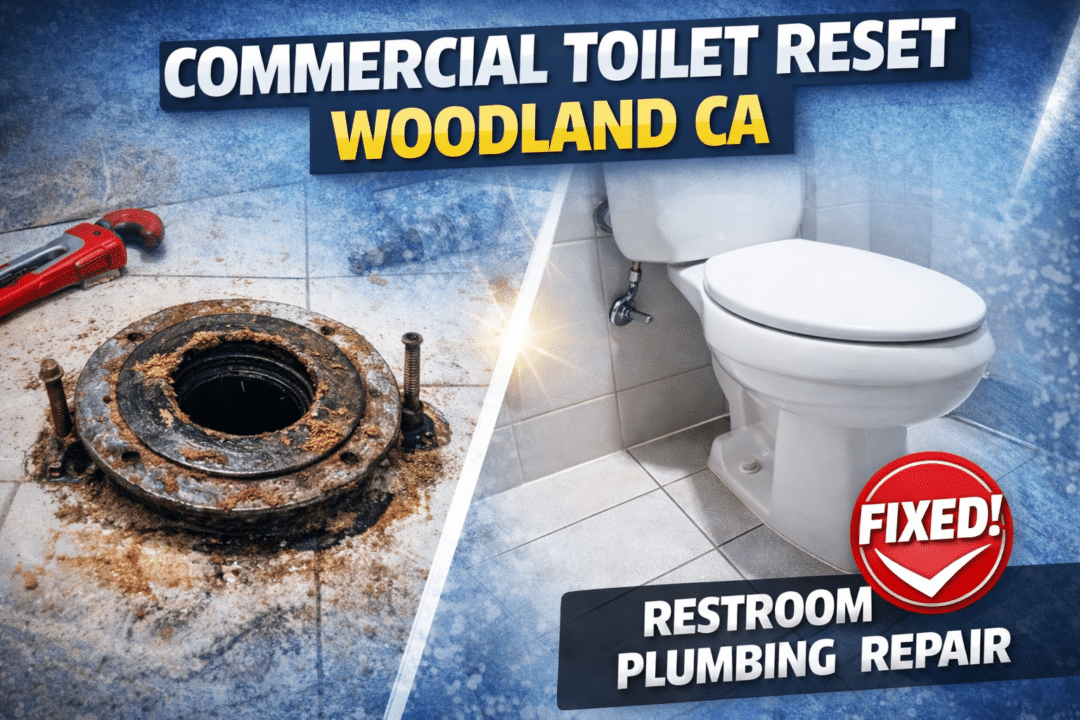 Commercial toilet removal and reset in Woodland CA for restroom plumbing repair