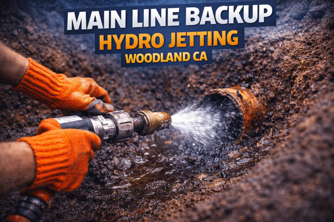 Main line backup hydro jetting in Woodland CA to clear sewer blockage and restore flow
