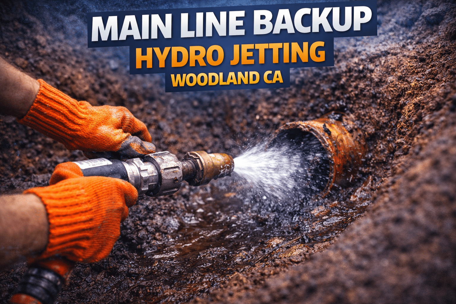 Main line backup hydro jetting in Woodland CA to clear sewer blockage and restore flow