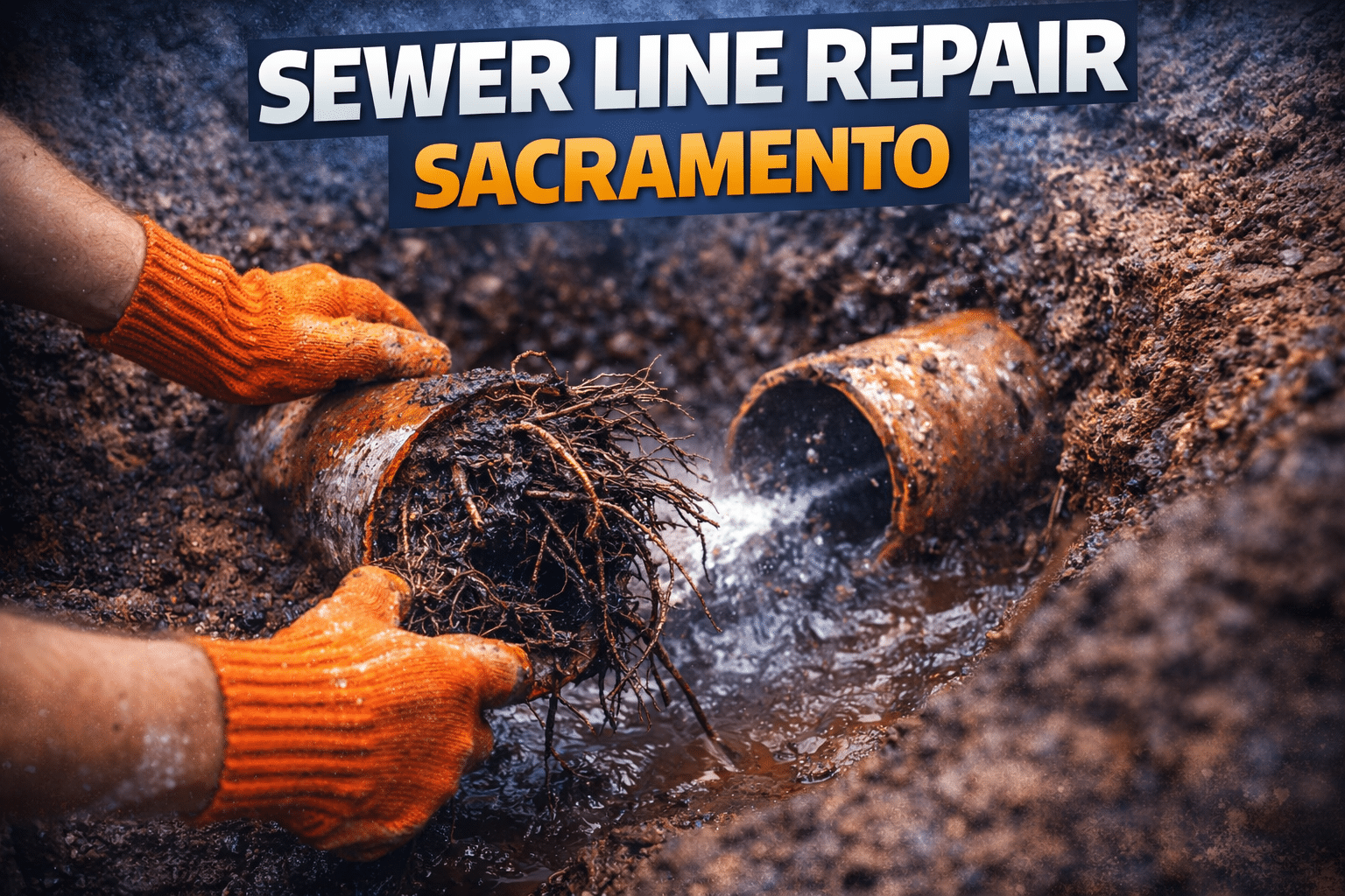 Sewer line repair in Sacramento CA fixing root intrusion and blocked drain pipe