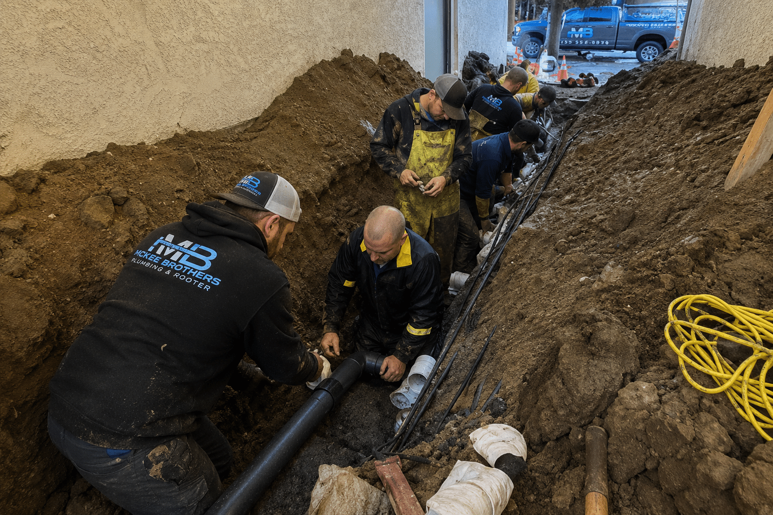 McKee Brothers Plumbing technician inspecting damaged sewer line in Woodland CA