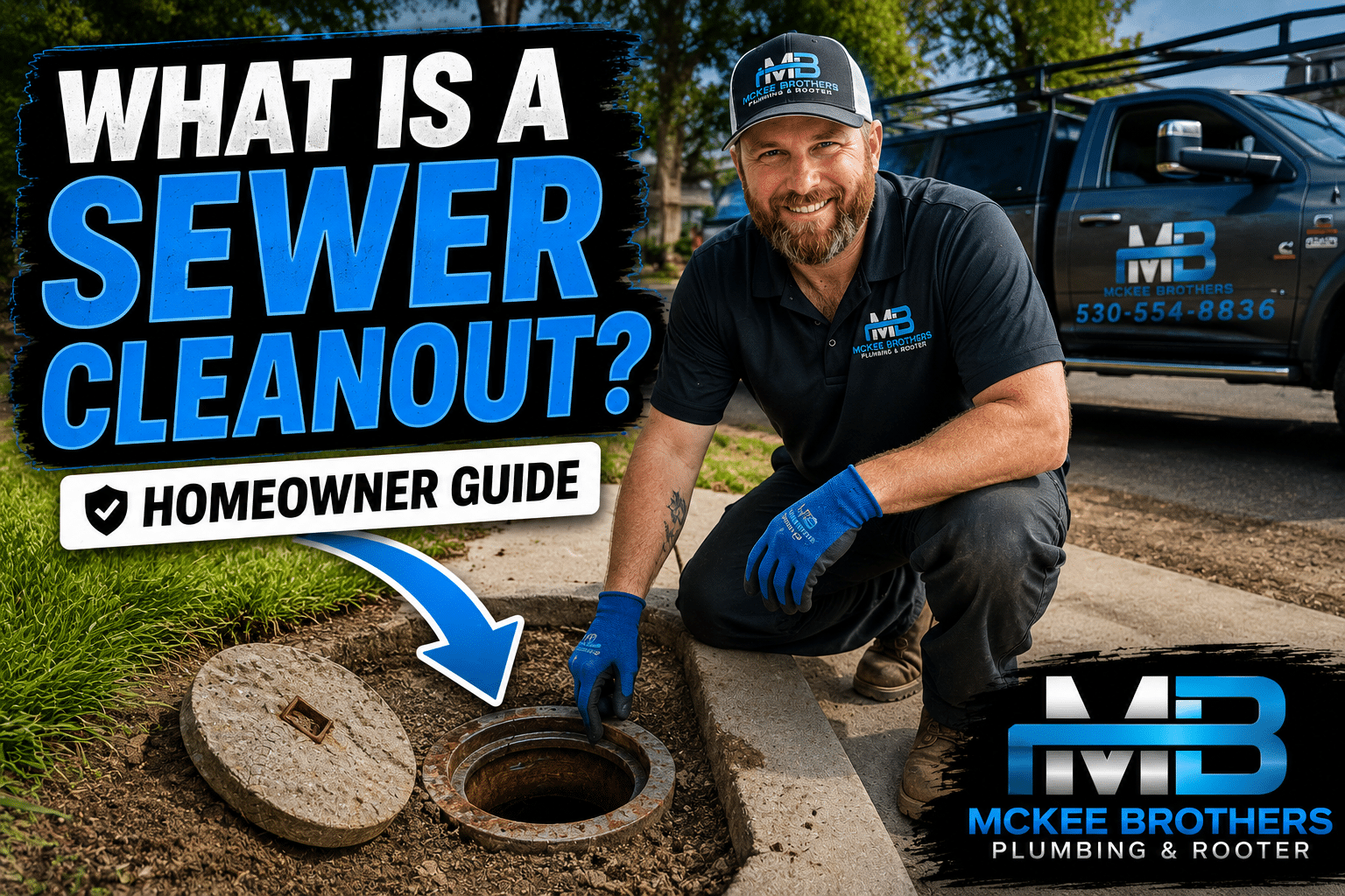 McKee Brothers plumber showing a residential sewer cleanout installation in California.