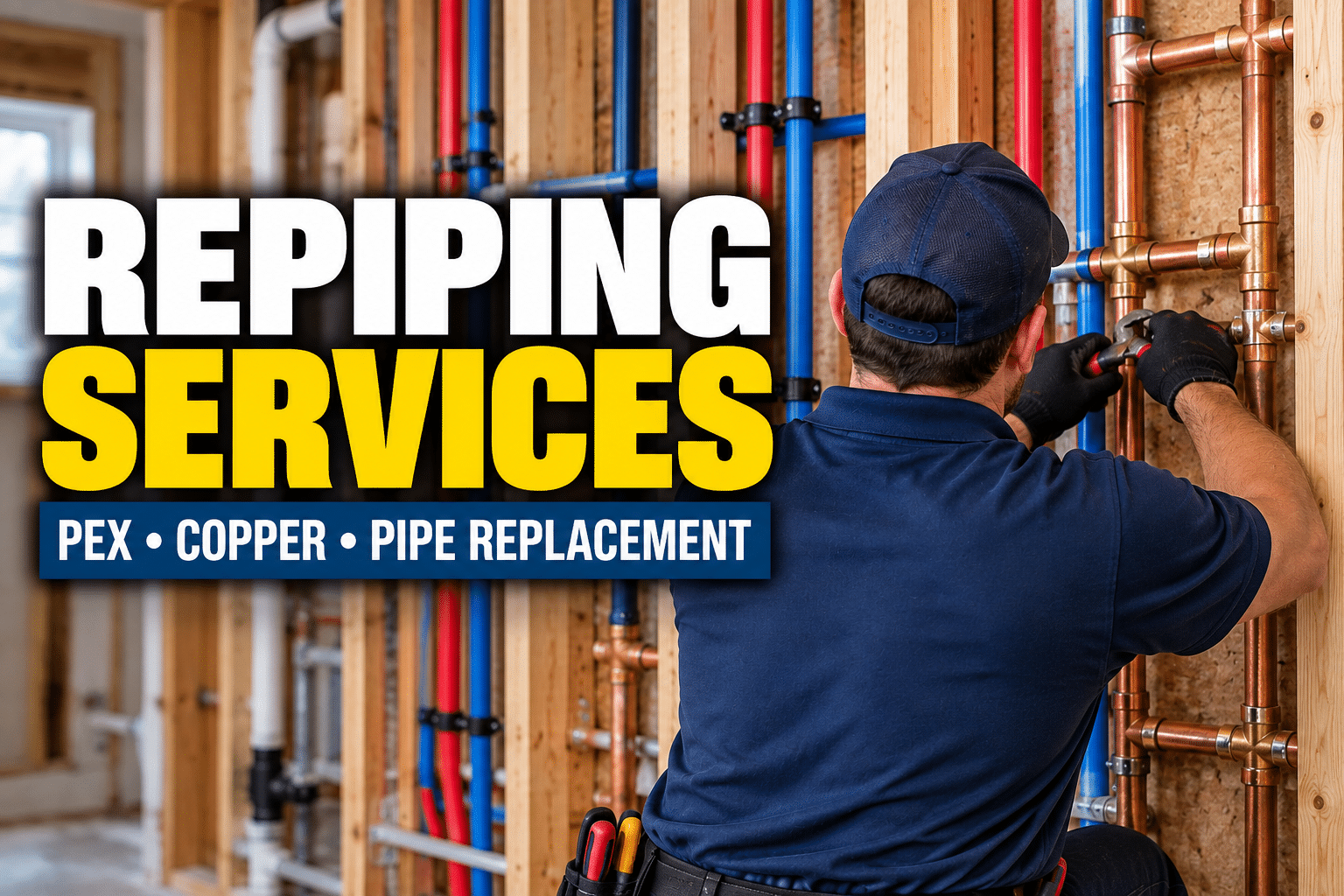 Plumber installing PEX and copper pipes during a residential repiping project